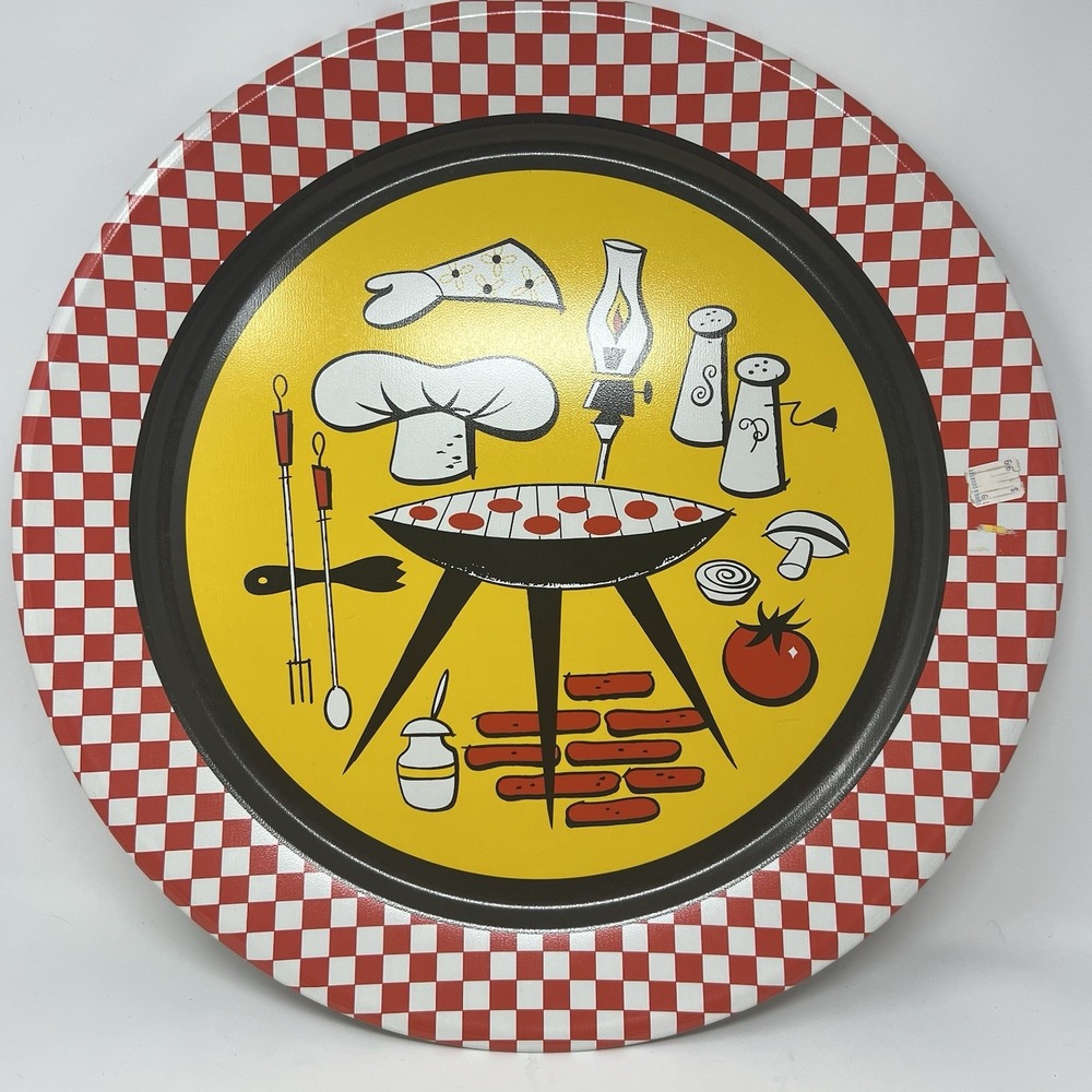 Vintage MCM Metal Serving Tray Bar-b-q Motif No Spill  Lip 19 inch Retro Picnic